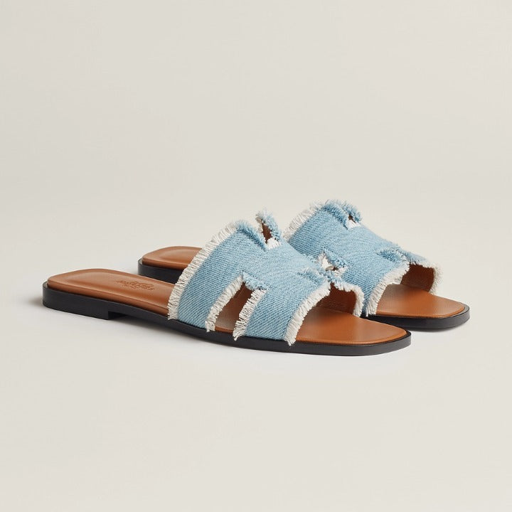 HERMÈS ORAN FRINGED DENIM LEATHER MULES SANDALS