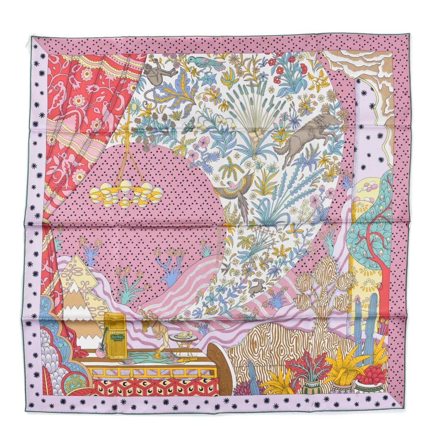 HERMÈS LE PREMIER CHANT ROSE VERT JAUNE SILK SCARF