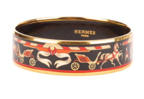 HERMÈS WIDE ENAMEL 18K GOLD PLATED BANGLE BRACELET