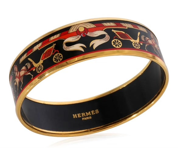 HERMÈS WIDE ENAMEL 18K GOLD PLATED BANGLE BRACELET