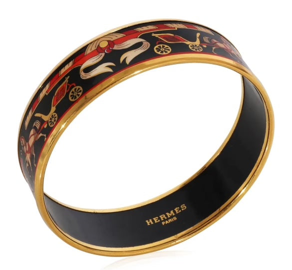 HERMÈS WIDE ENAMEL 18K GOLD PLATED BANGLE BRACELET