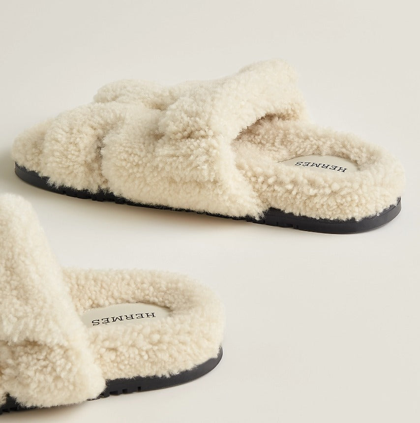 HERMÈS WOOLSKIN CHYPRE MULES SANDALS