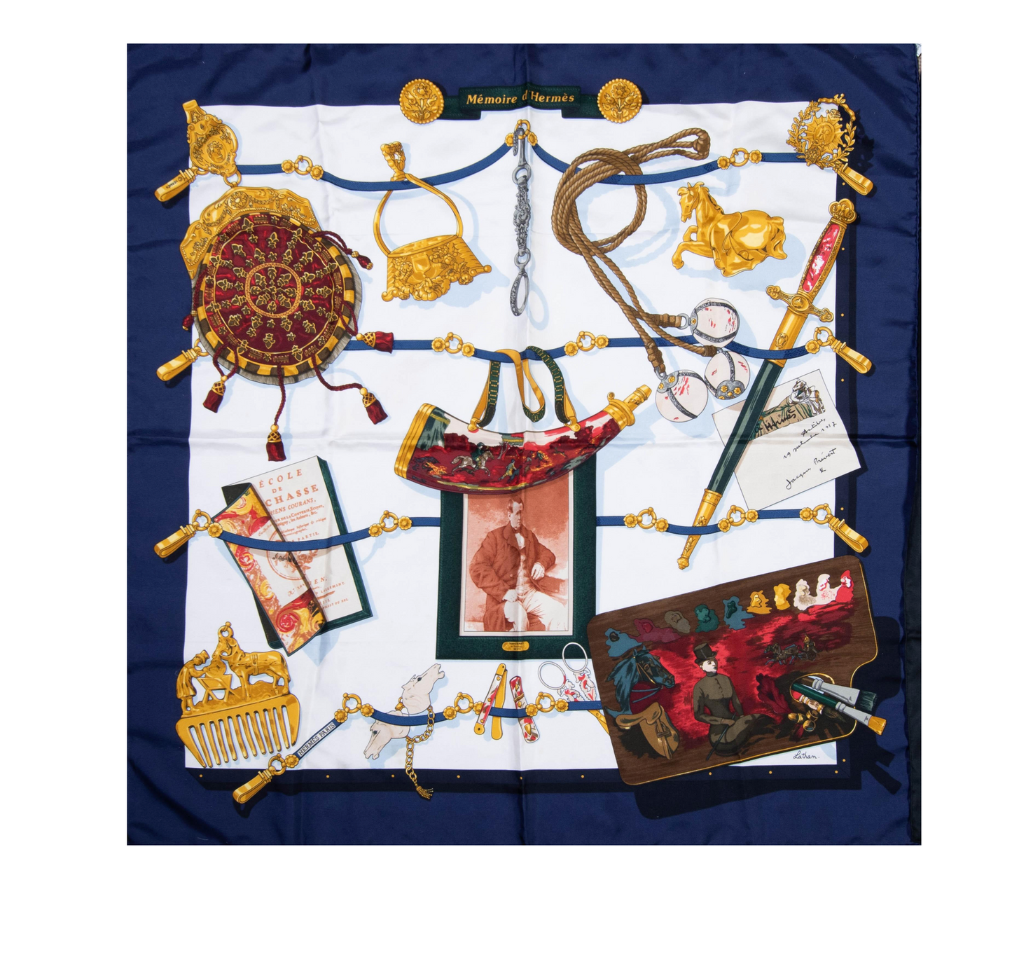 HERMÈS "ECOLE FRANCAISE D'EQUITATION," BY JEAN DE FOUGEROLLE SILK SCARF