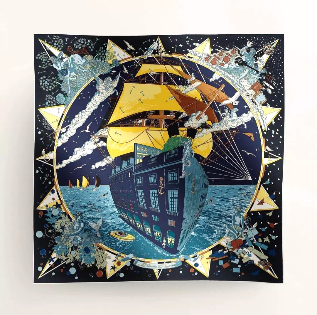 HERMÈS CARRE FLAGSHIP MARINE FONCÉ JAUNE SILK TWILL SCARF