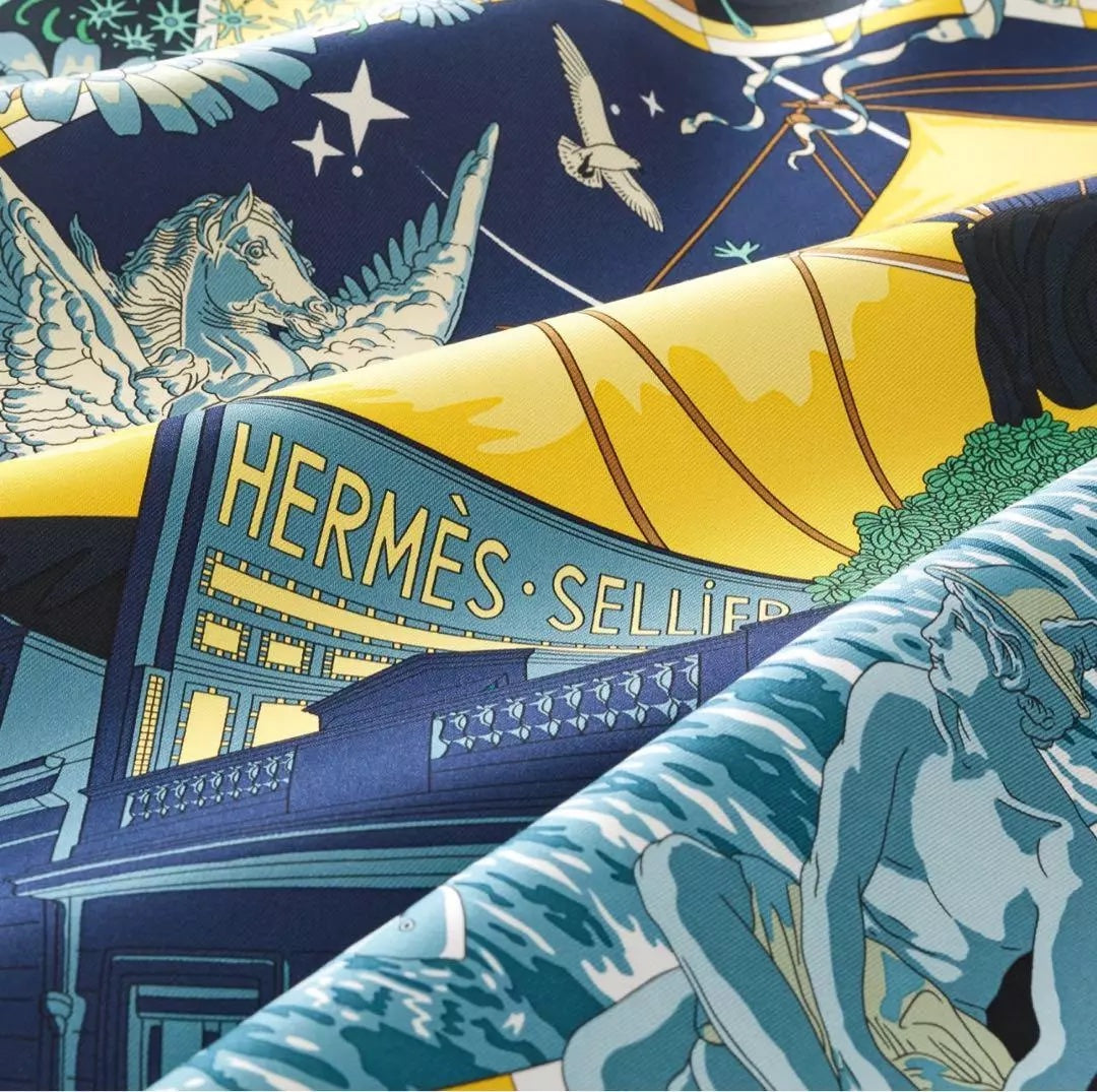 HERMÈS CARRE FLAGSHIP MARINE FONCÉ JAUNE SILK TWILL SCARF