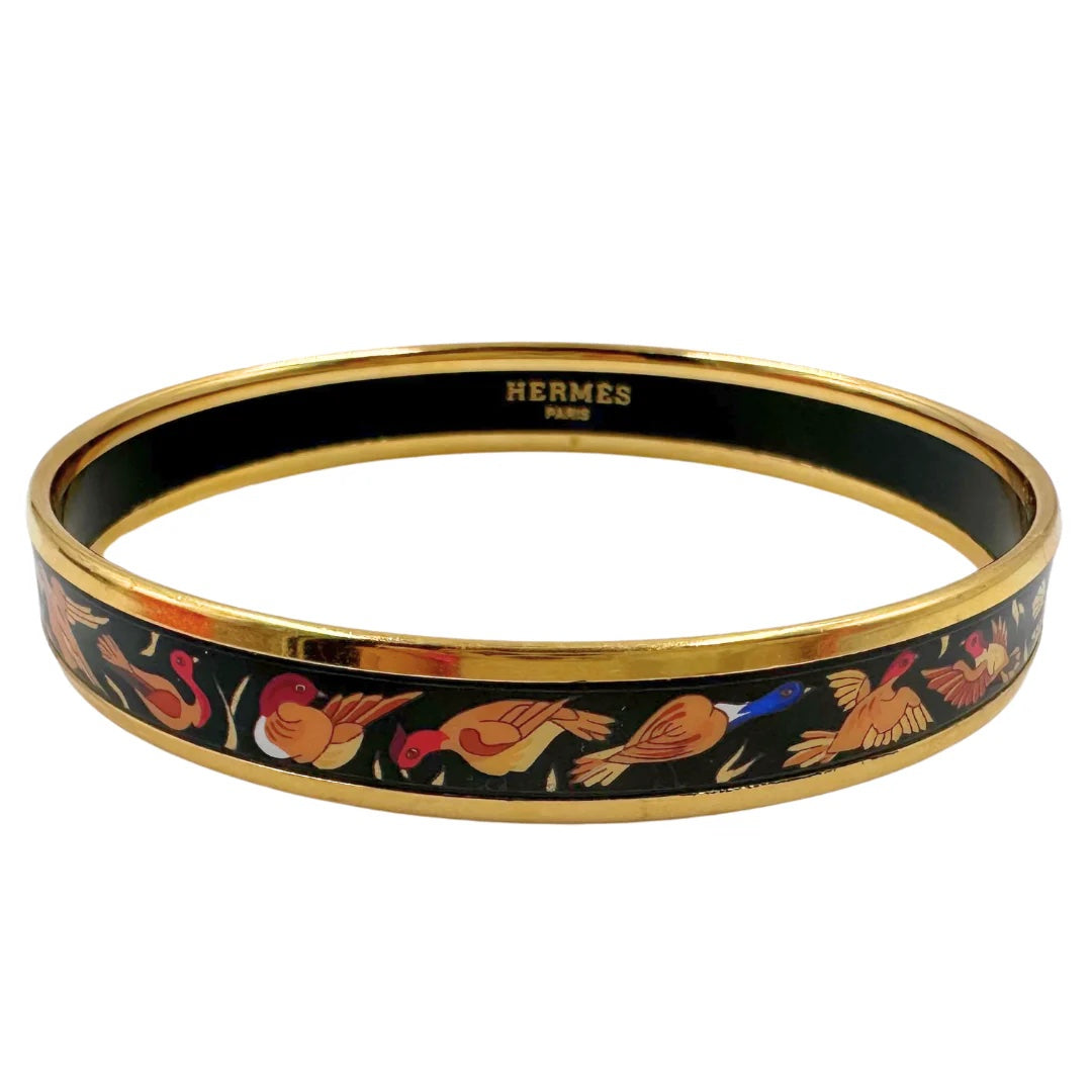 HERMÈS ENAMEL CLOISONNE NARROW 18K GOLD PLATED BANGLE BRACELET PM