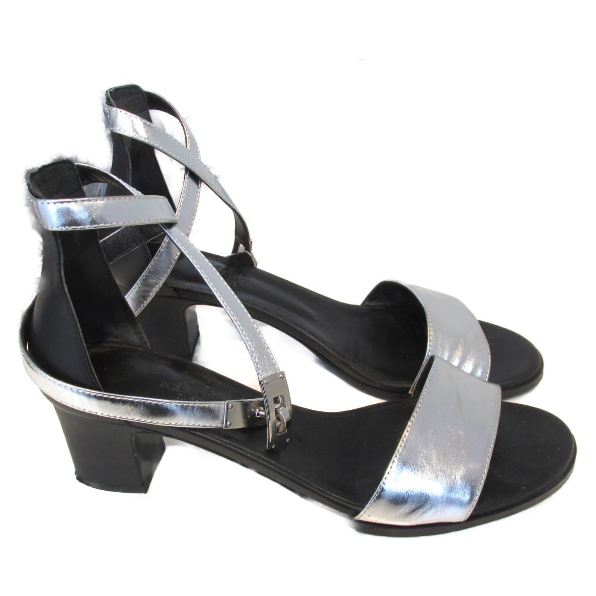 HERMÈS METALLIC SILVER LEATHER MANEGE ANKLE STRAP SANDALS
