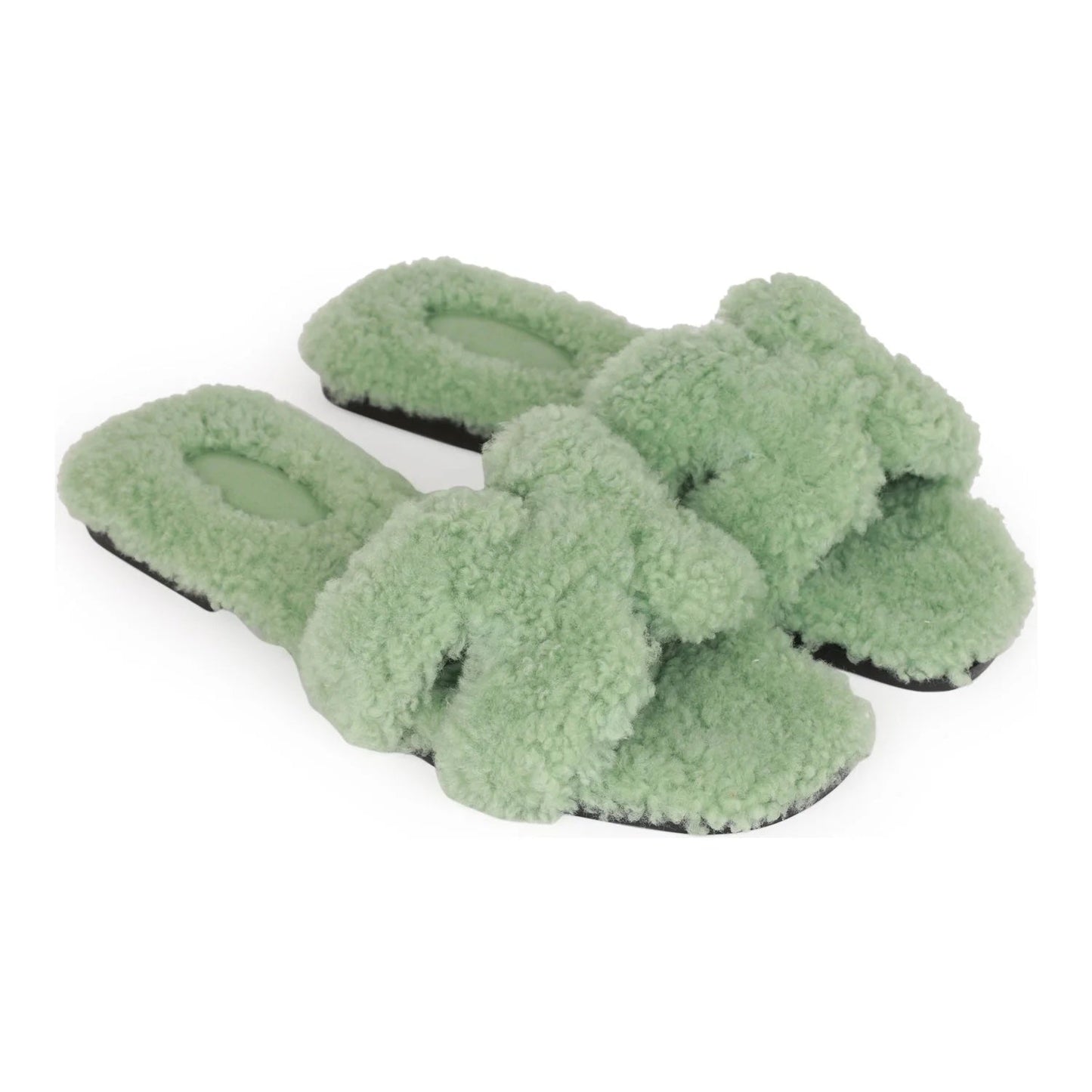 HERMÈS WOOLSKIN ORAN SANDALS IN VERT D'EAU