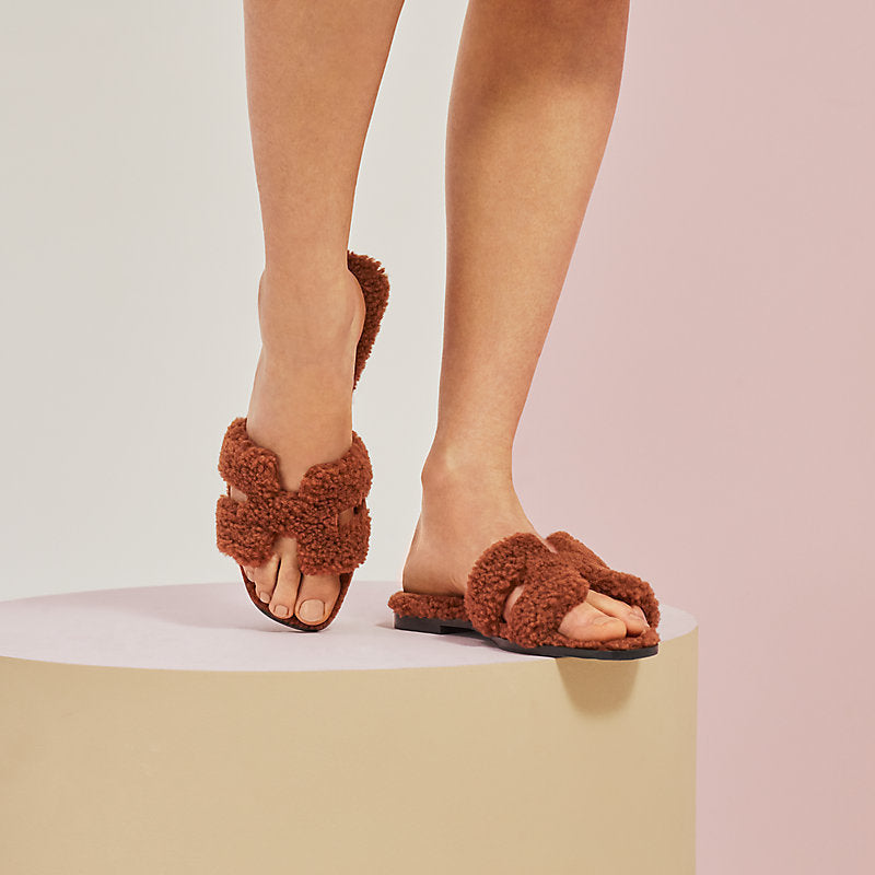 HERMÈS ORAN TEDDY SHEARLING FUR MULE SANDALS