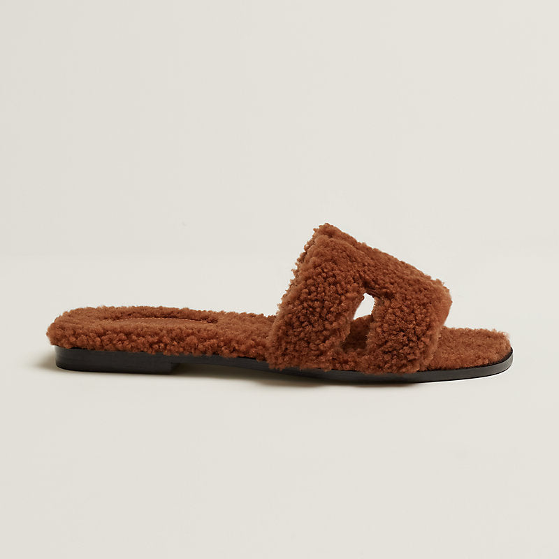 HERMÈS ORAN TEDDY SHEARLING FUR MULE SANDALS