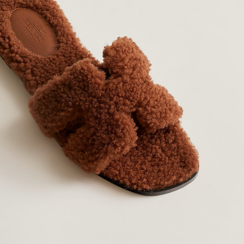 HERMÈS ORAN TEDDY SHEARLING FUR MULE SANDALS