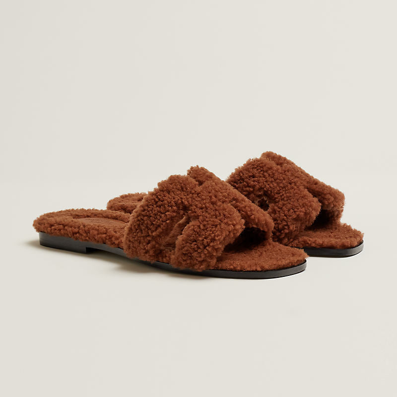 HERMÈS ORAN TEDDY SHEARLING FUR MULE SANDALS