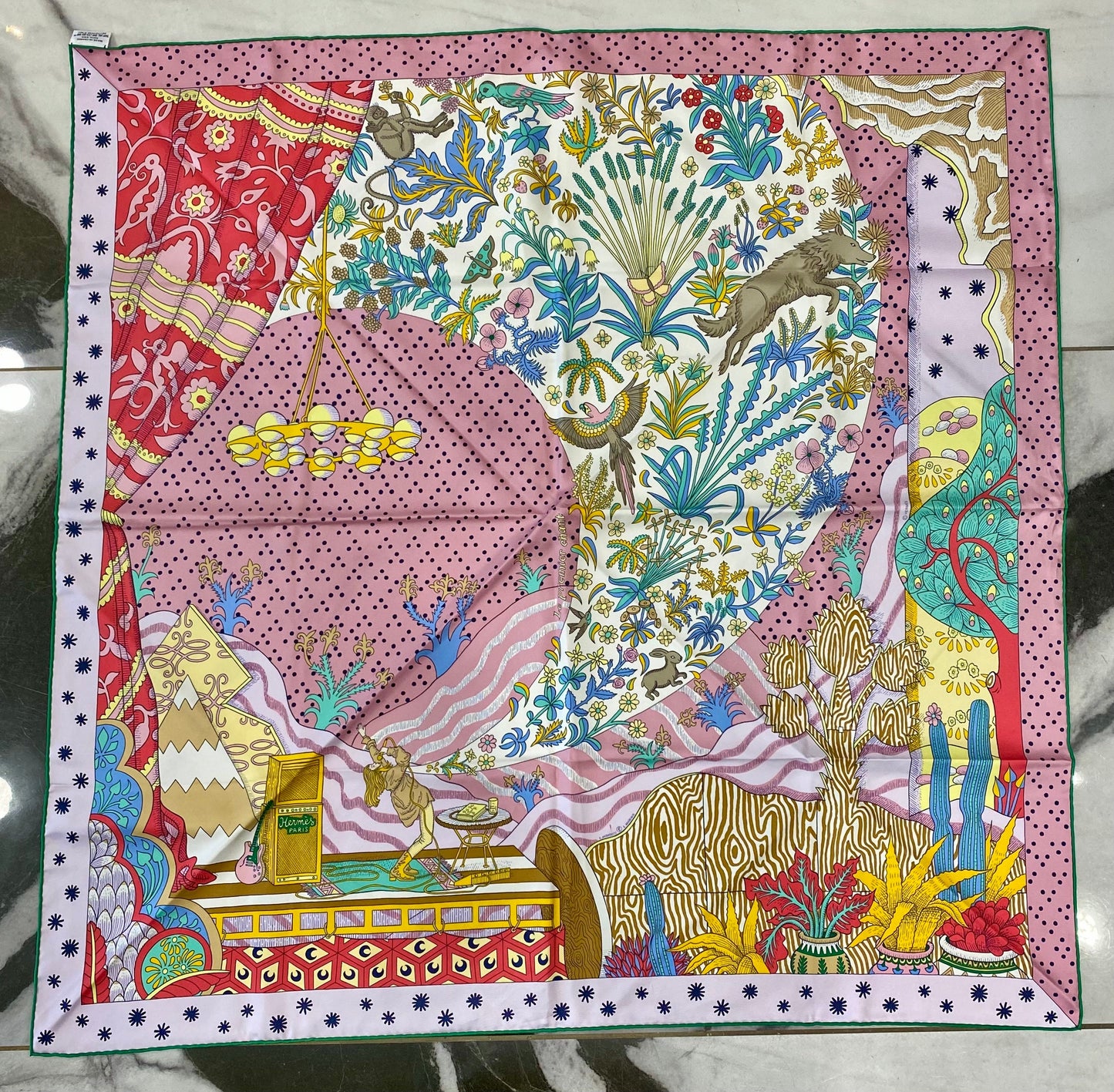 HERMÈS LE PREMIER CHANT ROSE VERT JAUNE SILK SCARF