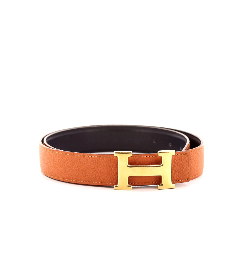 HERMÈS CONSTANCE H REVERSIBLE LEATHER BELT IN ORANGE NOIR