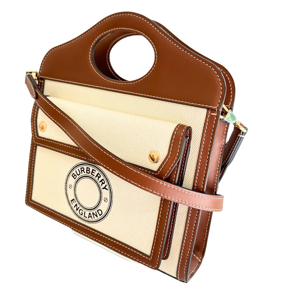 BURBERRY Handbag Canvas, Calfskin Brown white 2WAYShoulder Pocket bag Women