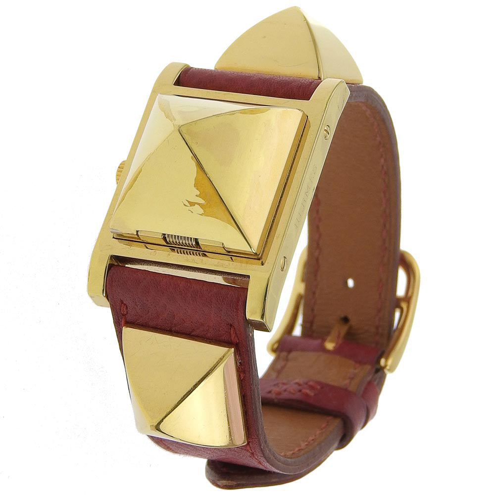 HERMES Watches Quartz ME1.201 Plated Gold , Leather wine-red Medor White dial Women