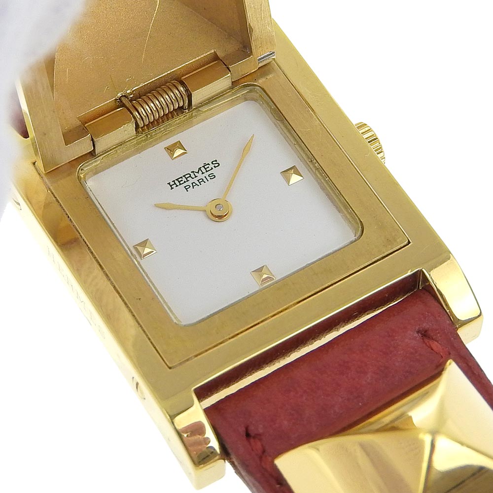 HERMES Watches Quartz ME1.201 Plated Gold , Leather wine-red Medor White dial Women
