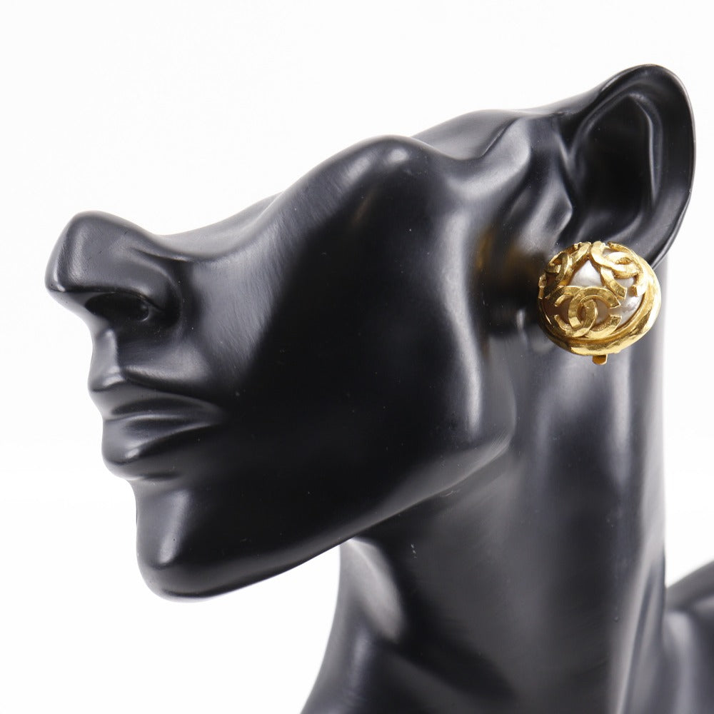 CHANEL Earring Plated Gold, Faux Pearl gold vintage Triple COCO Mark Women