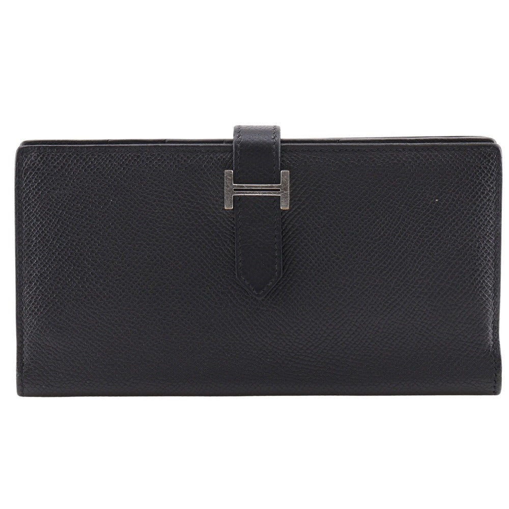 HERMES Long Wallet Purse Courchevel Black/Silver Metal Bean unisex(Unisex)