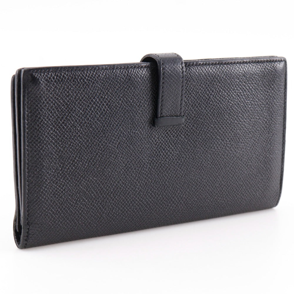 HERMES Long Wallet Purse Courchevel Black/Silver Metal Bean unisex(Unisex)