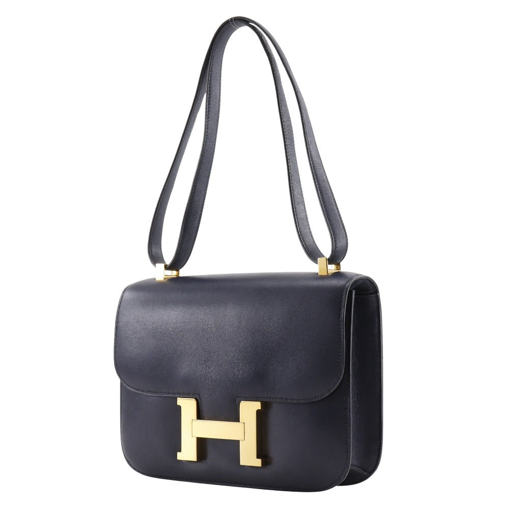 HERMES Shoulder Bag Box scarf Navy/Gold Metal vintage Constance 24 Women