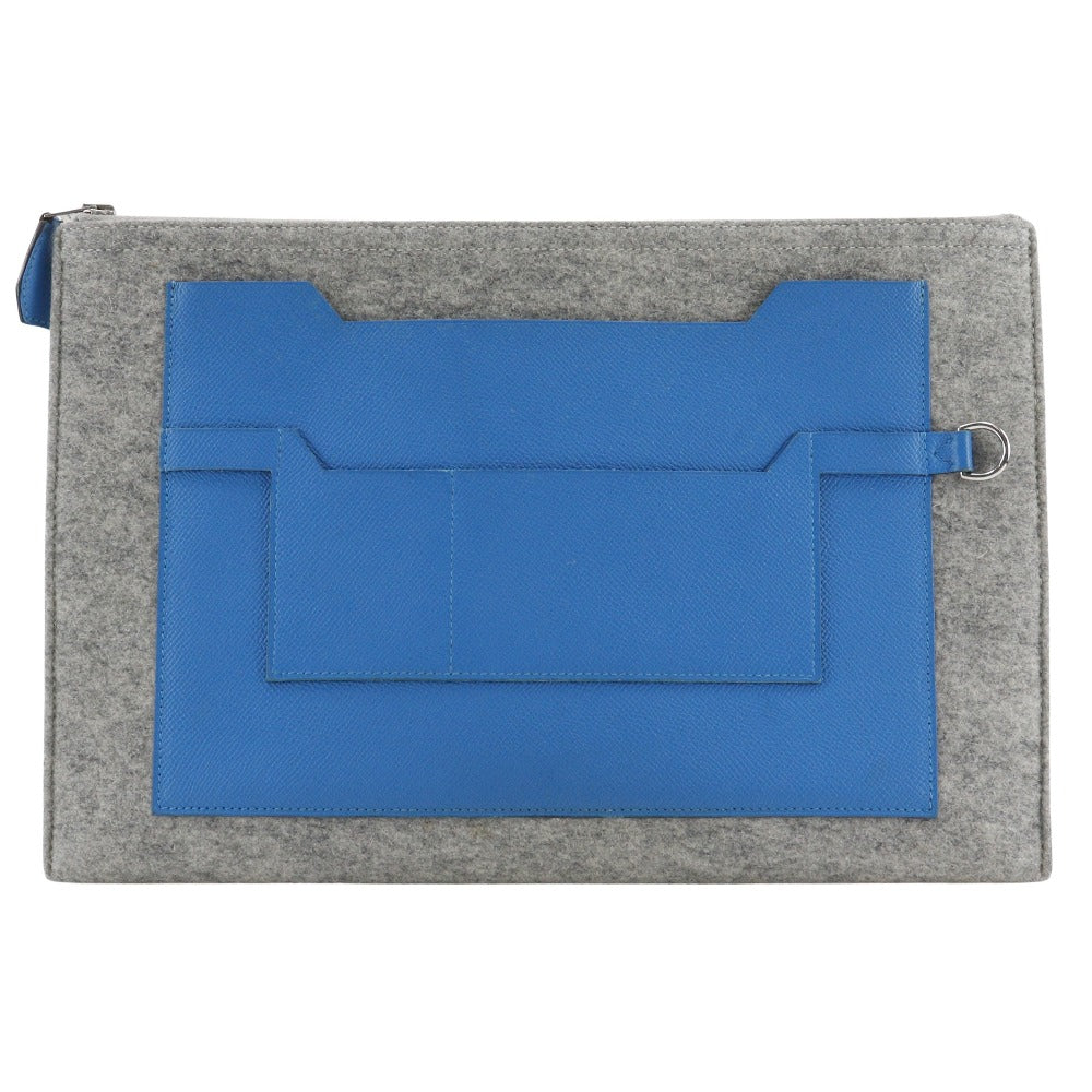 HERMES Clutch bag Felt, Epsom Blue / gray Too Doo 37 unisex(Unisex)