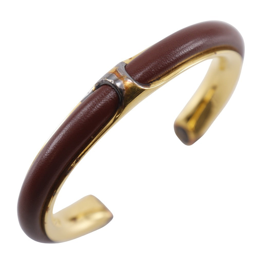 HERMES Bangle Plated Gold , Leather Brown vintage Women