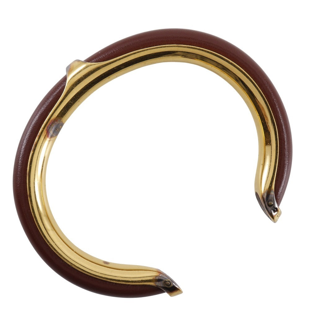 HERMES Bangle Plated Gold , Leather Brown vintage Women