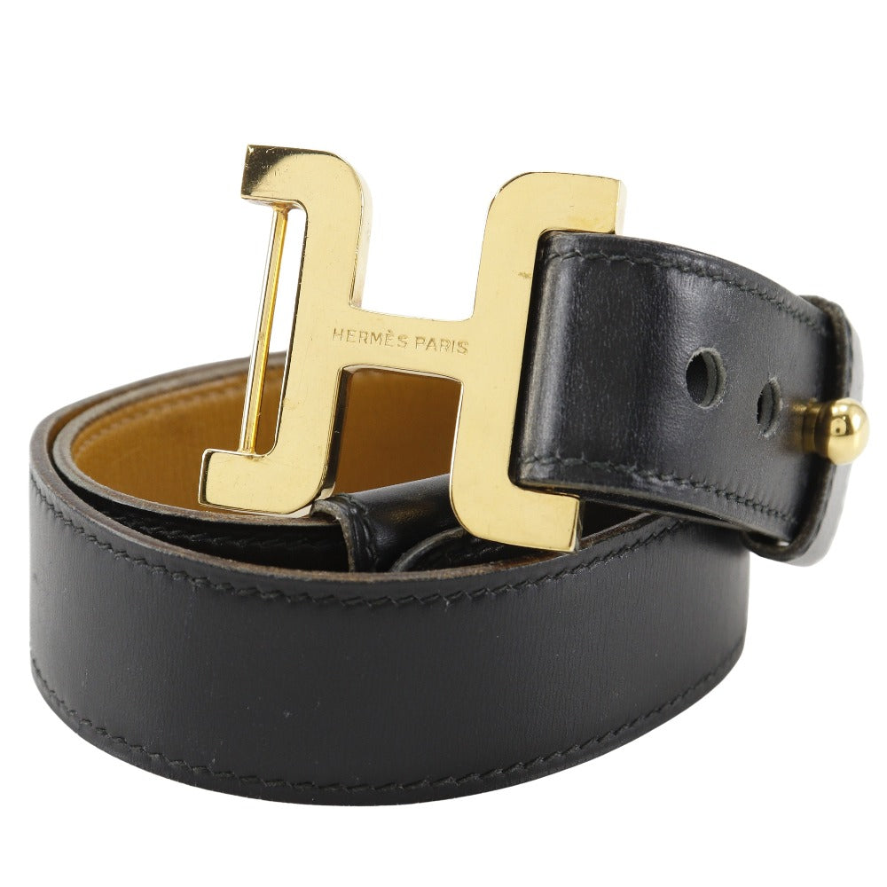 HERMES belt Calfskin , Plated Gold black vintage H belt Women