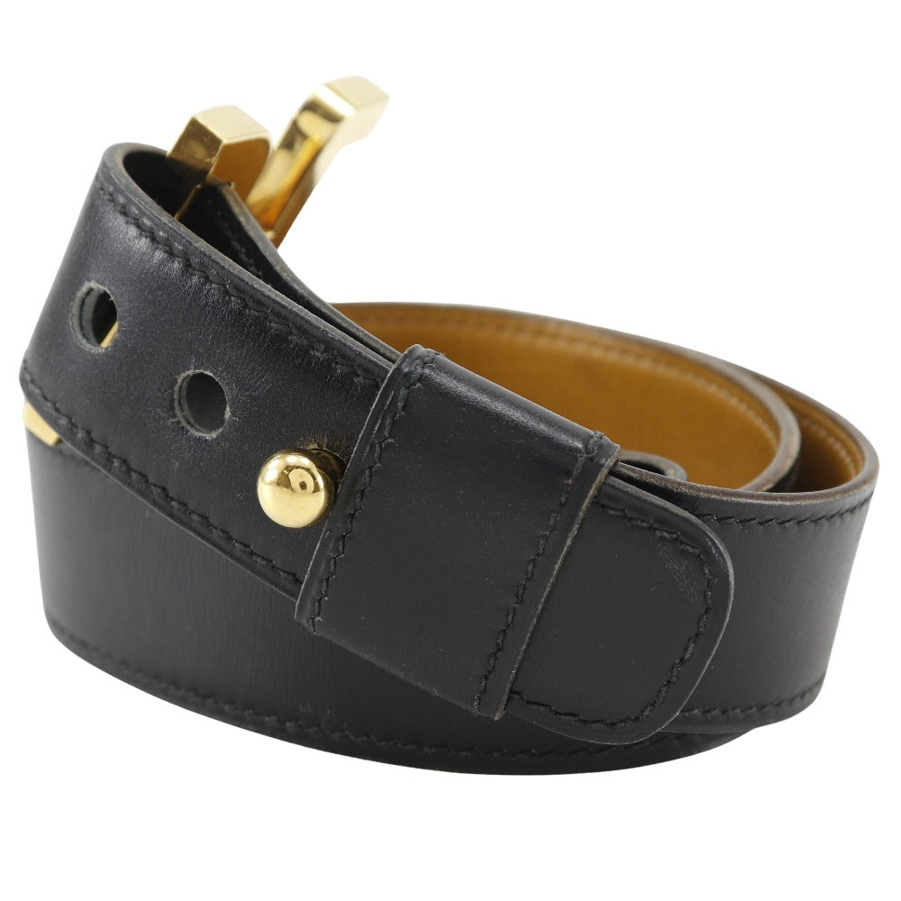 HERMES belt Calfskin , Plated Gold black vintage H belt Women