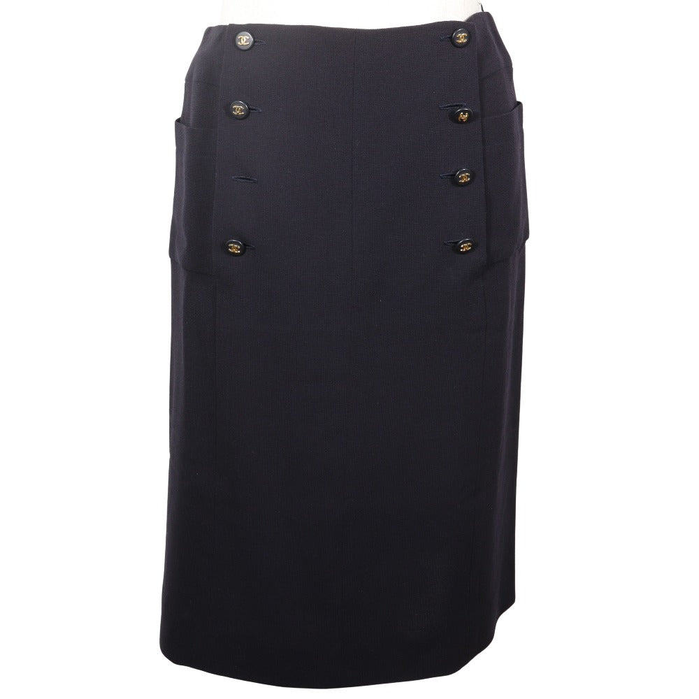 CHANEL skirt P07931V04916 97P wool Navy blue vintage COCO Mark Double Button Women 36