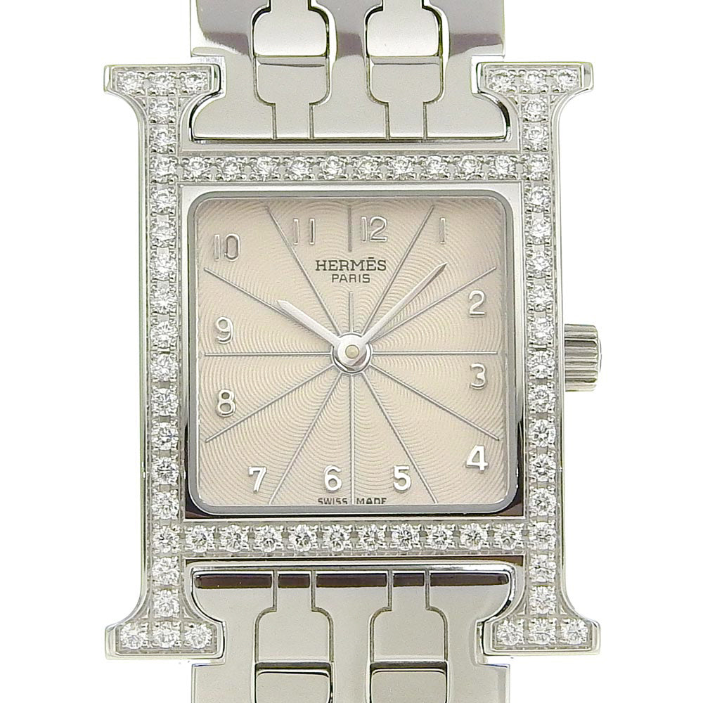 HERMES Watches Quartz HH1.230 Stainless Steel, Diamond Silver Diamond Bezel H watch Ivory dial Women