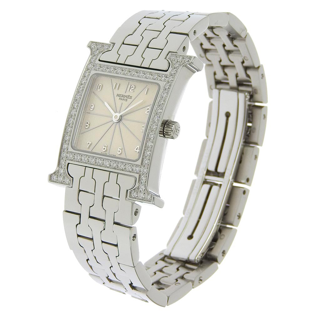 HERMES Watches Quartz HH1.230 Stainless Steel, Diamond Silver Diamond Bezel H watch Ivory dial Women