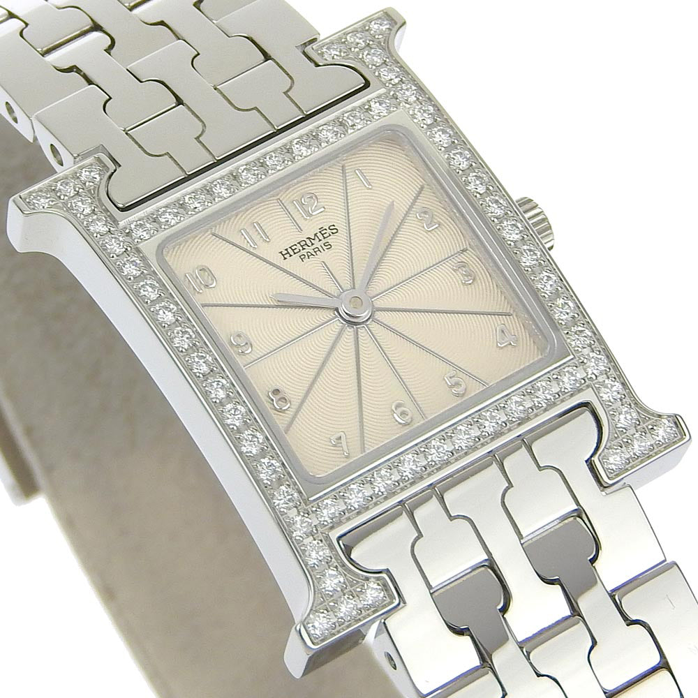 HERMES Watches Quartz HH1.230 Stainless Steel, Diamond Silver Diamond Bezel H watch Ivory dial Women