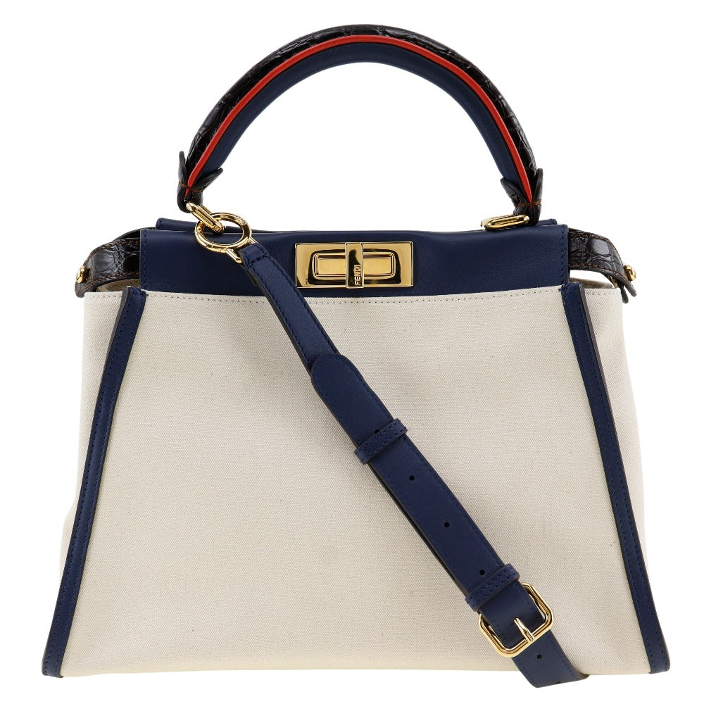 FENDI Handbag 8BN290 Canvas, Calfskin White / navy 2WAYShoulder Peekaboo Women