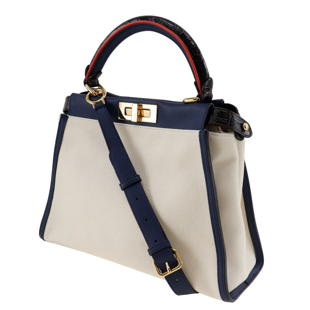 FENDI Handbag 8BN290 Canvas, Calfskin White / navy 2WAYShoulder Peekaboo Women