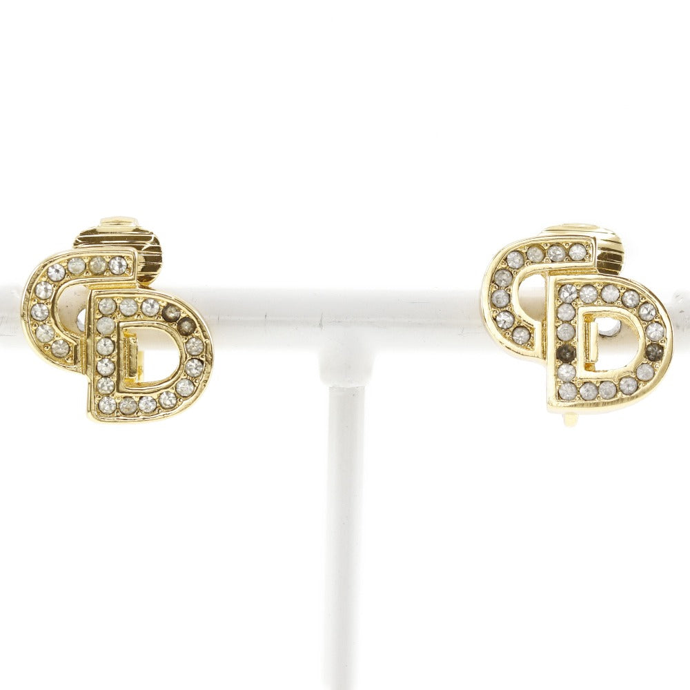 Christian Dior Earring Plated Gold, Rhinestones gold CD logo Women