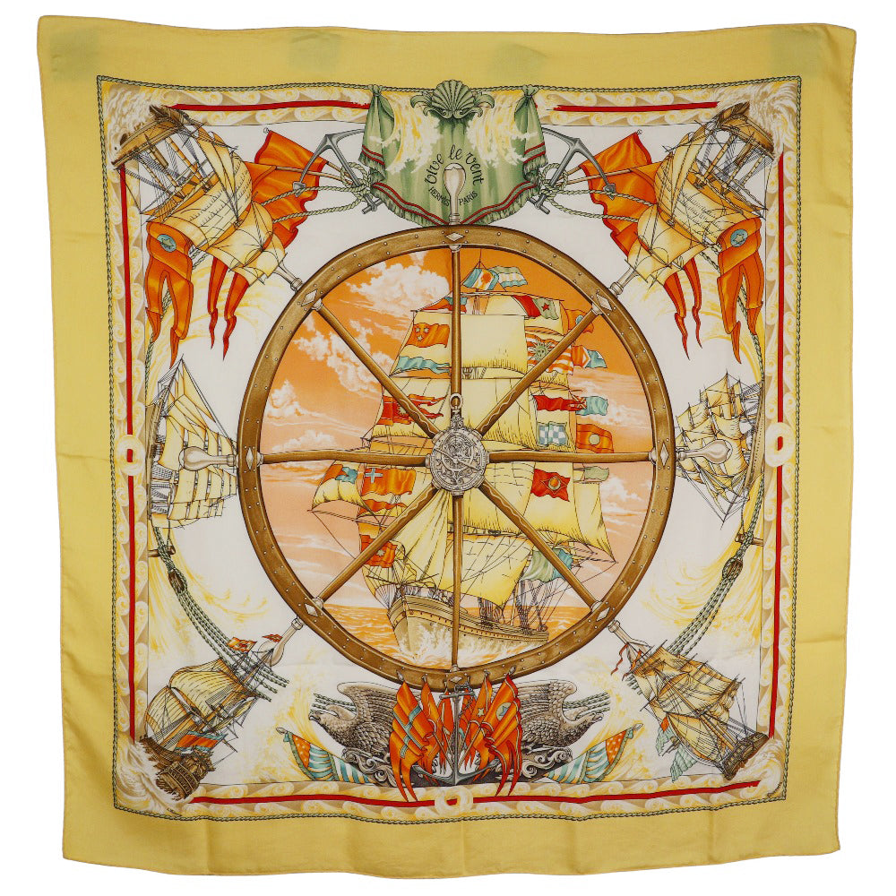 HERMES scarf silk yellow Vive le Vent Carre90