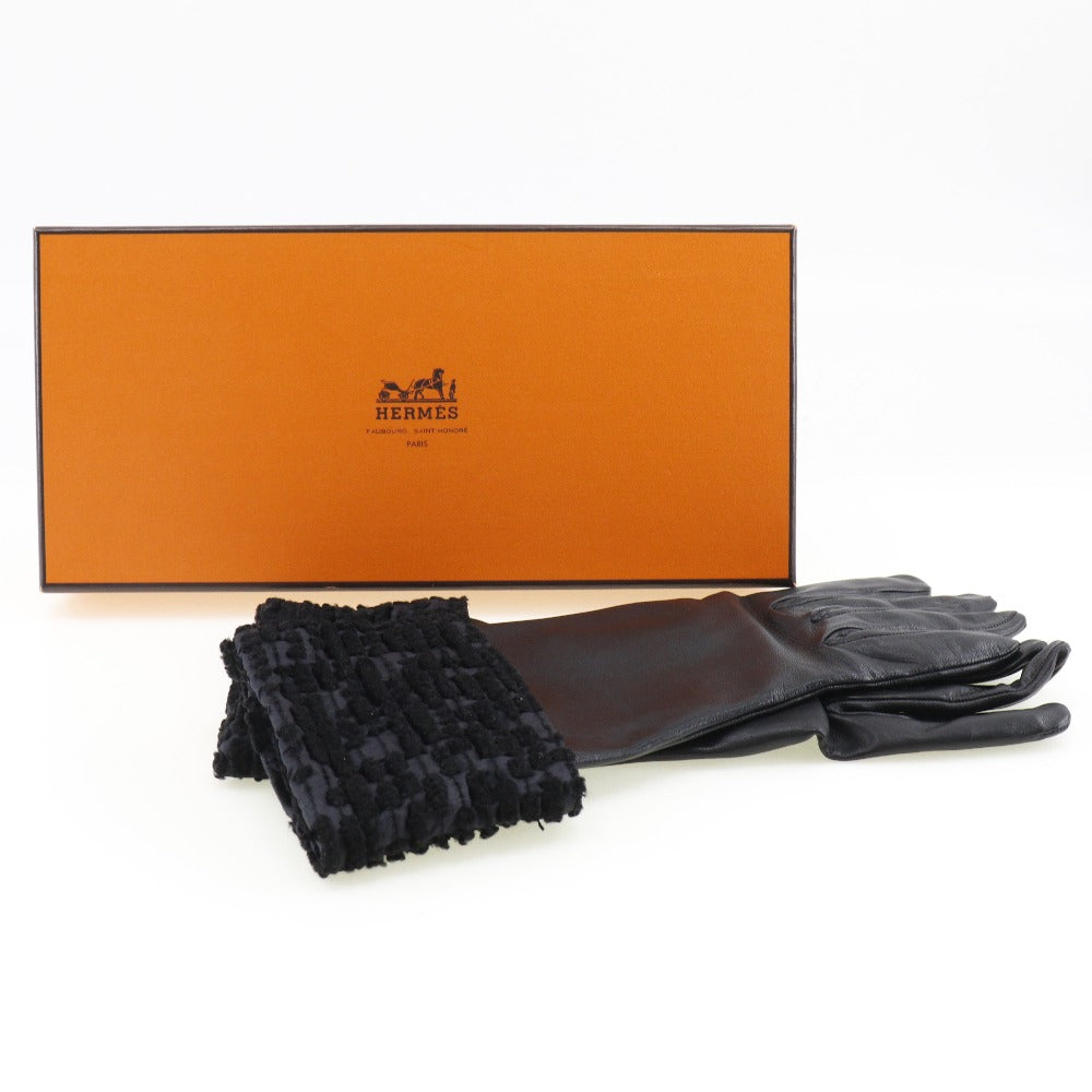 HERMES gloves Lambskin, Satin black Glove Women 7 1/2