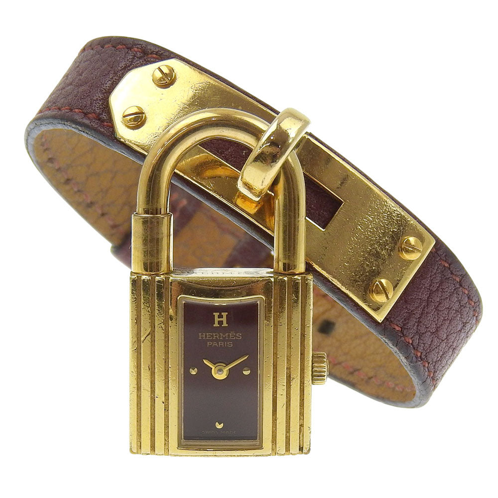 HERMES Watches Quartz Plated Gold , Leather gold Kelly watch wine-red dial