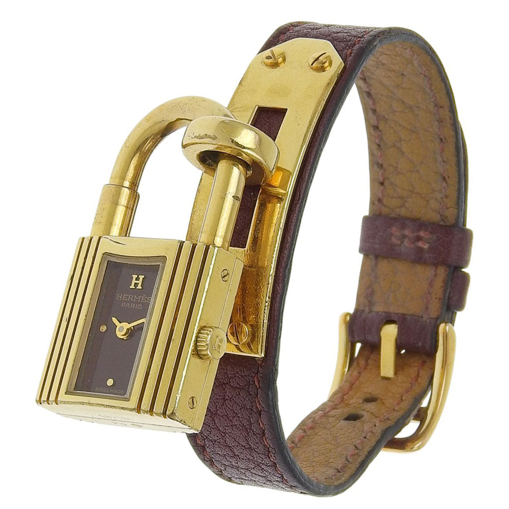 HERMES Watches Quartz Plated Gold , Leather gold Kelly watch wine-red dial