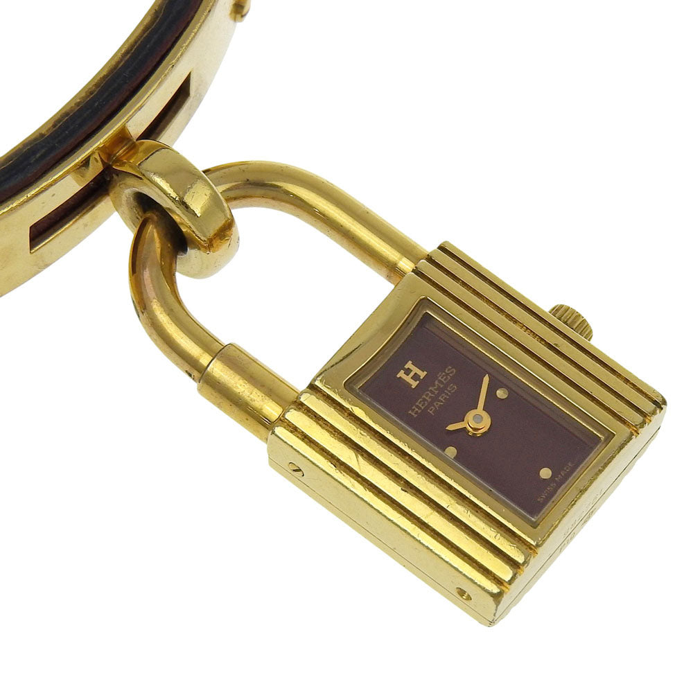 HERMES Watches Quartz Plated Gold , Leather gold Kelly watch wine-red dial