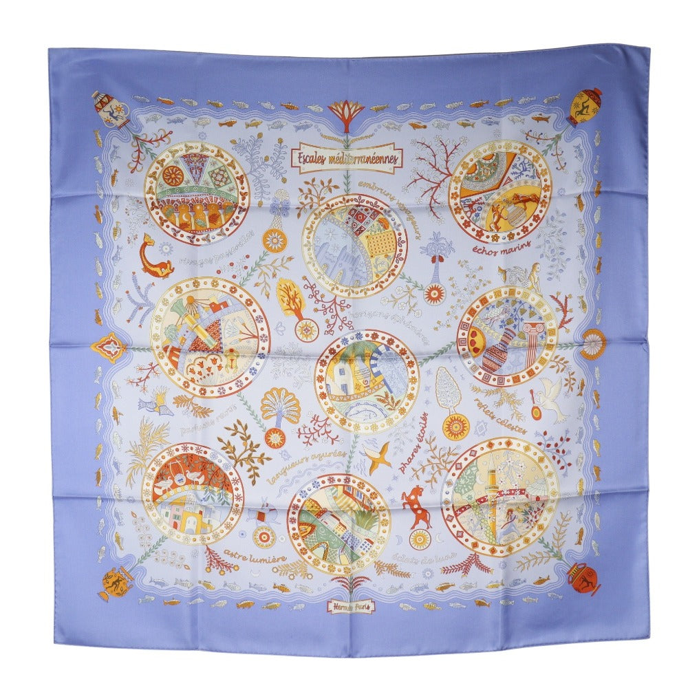 HERMES scarf silk blue Mediterranean port town Carre90
