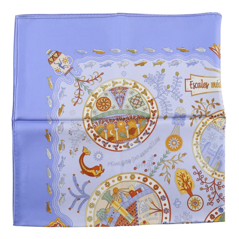 HERMES scarf silk blue Mediterranean port town Carre90