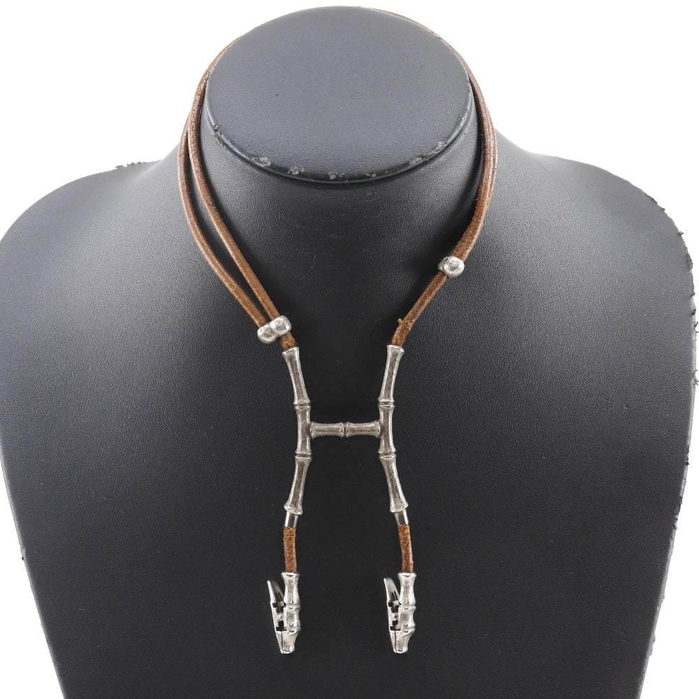 HERMES Necklace Leather, Metal Silver/Brown Bamboo halter