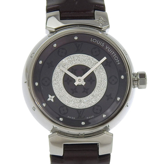 LOUIS VUITTON Watches Quartz Q121U Stainless Steel, Monogram Vernis, Diamond black Amarrant Disk Diamon Tambour Allamant dial Women