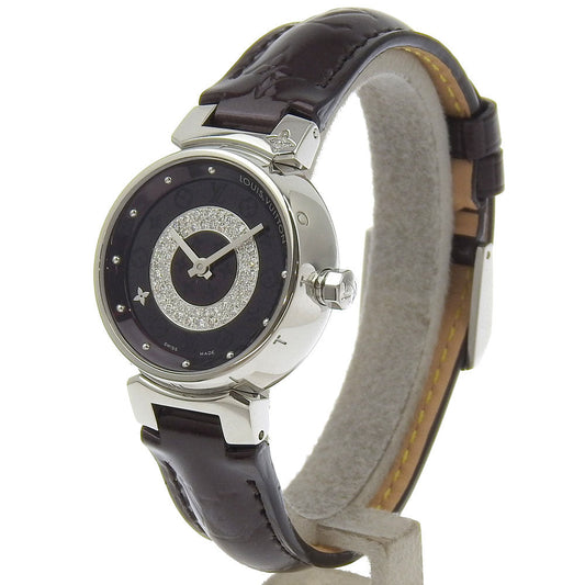 LOUIS VUITTON Watches Quartz Q121U Stainless Steel, Monogram Vernis, Diamond black Amarrant Disk Diamon Tambour Allamant dial Women