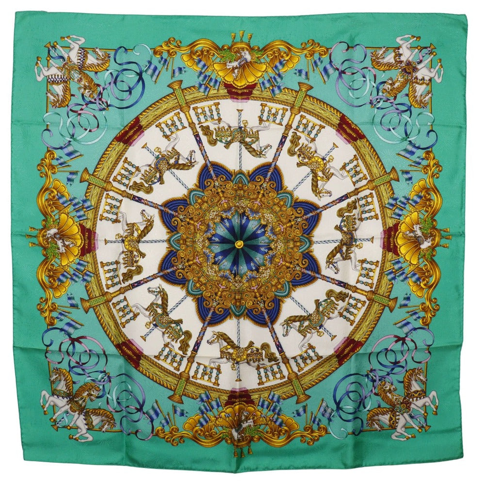 HERMES scarf silk Green Merry-go-round LUNA PARK amusement park Carre90 Women