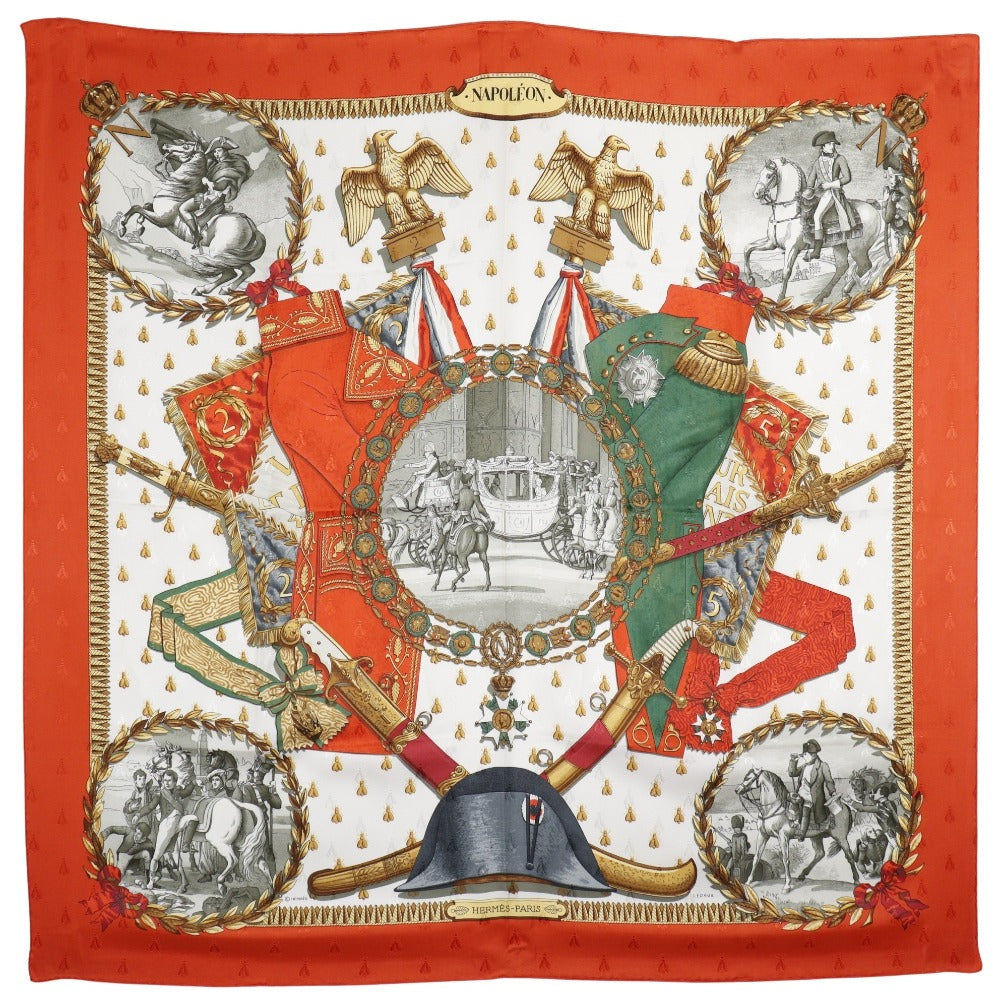 HERMES scarf silk White / orange Napoleon NAPOLEON Carre90 Women