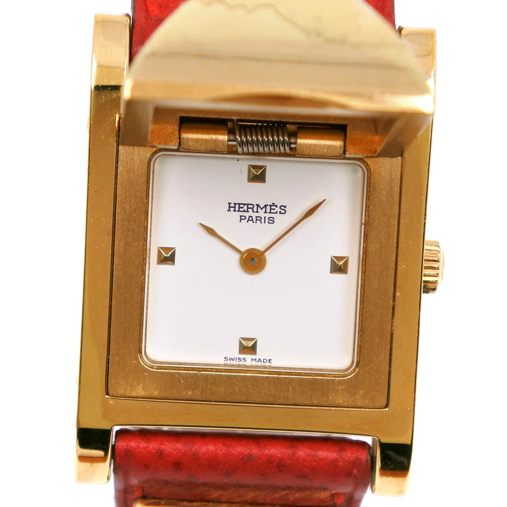 HERMES Watches Quartz Plated Gold , Leather Red/gold Medor White dial Women